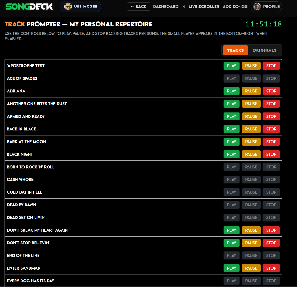 Songdeck Track Prompter Personal Repertoire Page